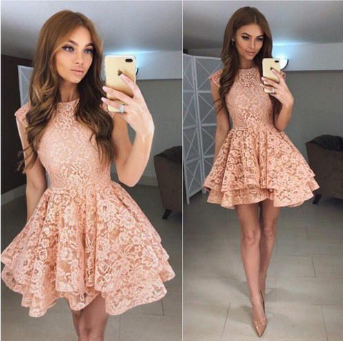 A Line Above Knee Straps Lace Homecoming Dresses with Scoop Short Prom Dresses