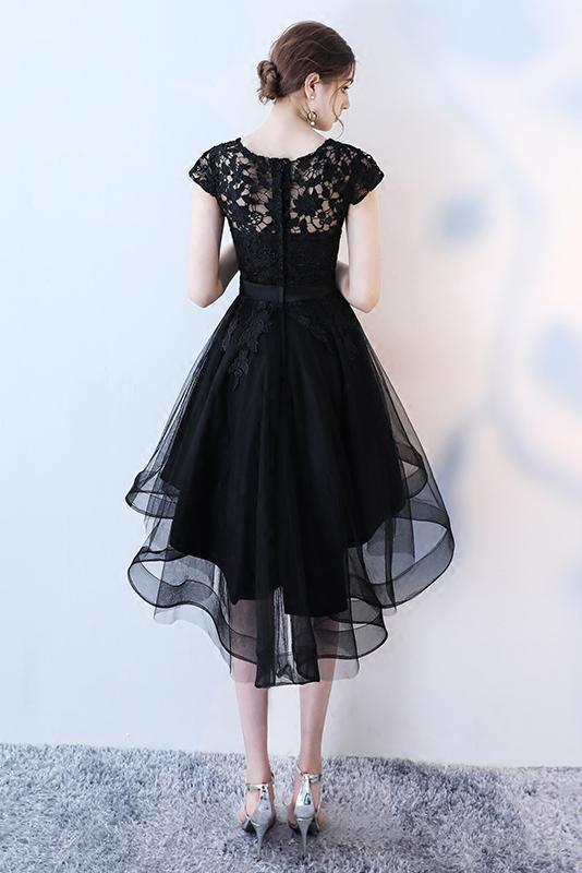 A Line Black High Low Scoop Cap Sleeve Tulle Homecoming Dresses with Lace Prom Dress