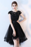 A Line Black High Low Scoop Cap Sleeve Tulle Homecoming Dresses with Lace Prom Dress