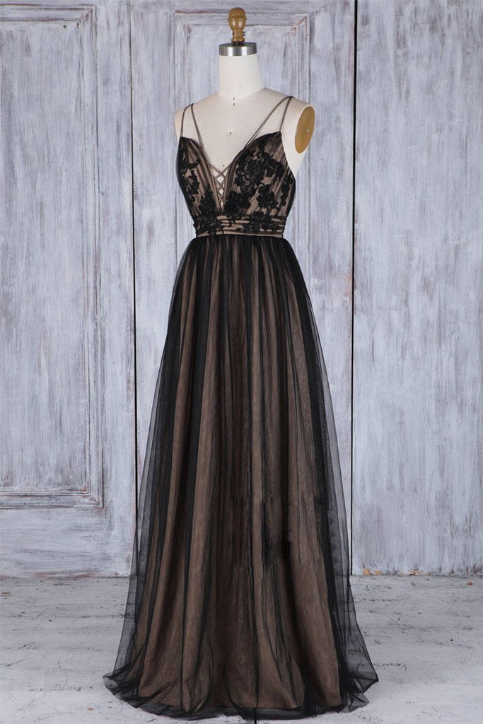A Line Black Tulle V Neck Backless Lace Appliques Prom Dresses Simple Evening Dresses