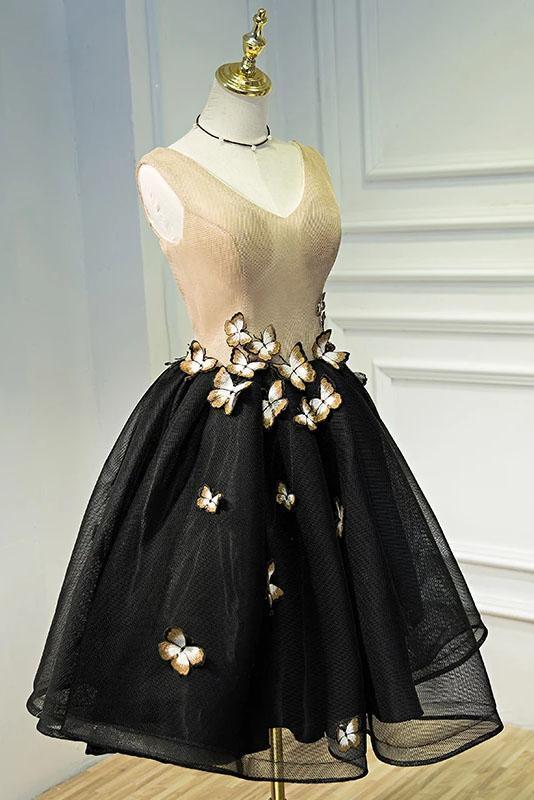 A Line Black V Neck Lace up Homecoming Dresses Sleeveless Prom Dress With Butterfly