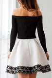 A Line Black and White Off the Shoulder Long Sleeve Short Homecoming Dresses with Lace