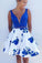 A Line Blue Floral Print V Neck Satin Short Prom Dresses with Pockets Homecoming Dress