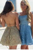 A Line Blue Lace Appliques Homecoming Dresses Backless Above Knee Short Prom Dresses