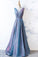 A Line Blue Lace up Ruffles Prom Dresses V Neck Satin Long Cheap Evening Dresses