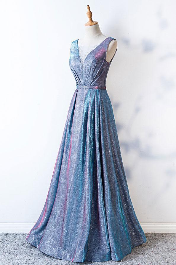 A Line Blue Lace up Ruffles Prom Dresses V Neck Satin Long Cheap Evening Dresses