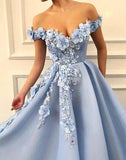 A Line Blue Off the Shoulder Tulle Lace Sweetheart 3D Flowers Prom Dresses Formal Dress