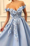 A Line Blue Off the Shoulder Tulle Lace Sweetheart 3D Flowers Prom Dresses Formal Dress
