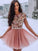 A Line Blush Pink Long Sleeve Homecoming Dresses 3D Flowers Beaded Short Prom Dresses