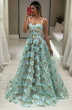 A Line Chic Spaghetti Straps Sweetheart Appliques Green Prom Dresses Long Party Dresses