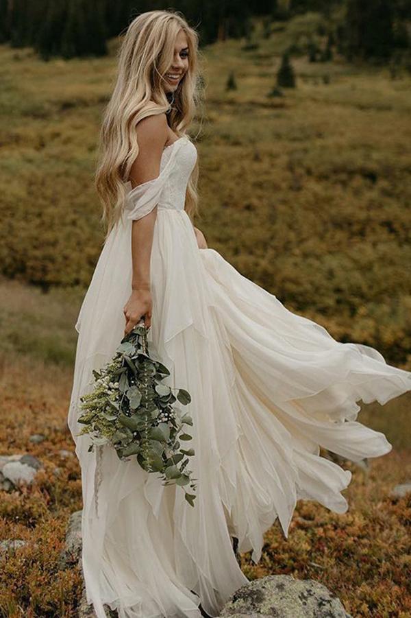 A Line Chiffon Ivory Off the Shoulder Sweetheart Beach Wedding Dresses