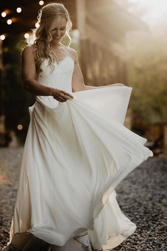 A Line Chiffon Strapless Ivory Sweetheart Beach Wedding Dresses with Lace Bridal Dresses