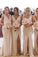 A Line Chiffon V Neck Beige Ruffles Bridesmaid Dresses Long with Slit Prom Dresses