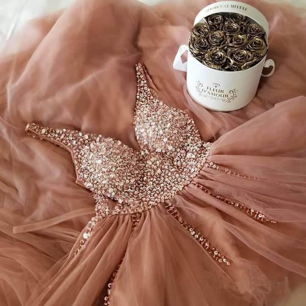 A Line Dusty Rose Long Tulle Prom Dresses Sequins Shiny Bodice V Neck Formal Dress