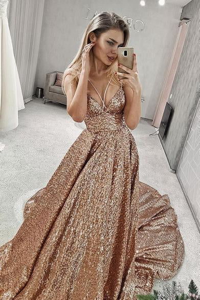A Line Gold V Neck Sequin Long Prom Dress Long Cheap Evening Dresses