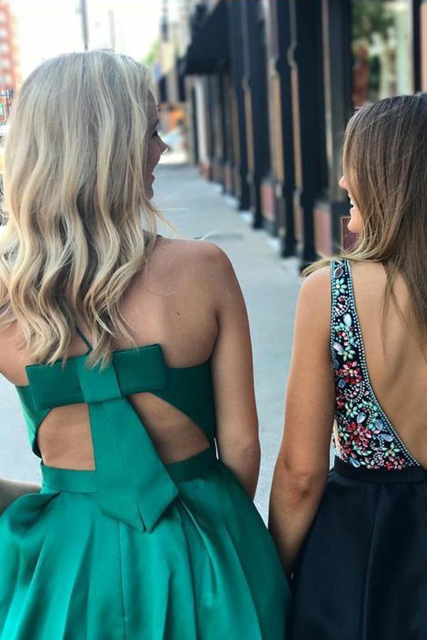 A Line Green Spaghetti Straps V Neck Satin Open Back Homecoming Dresses with Pockets