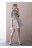 A Line Half Sleeve Lace Short Prom Dresses High Neck Tulle Homecoming Dresses