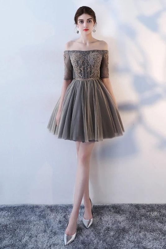 A Line Half Sleeves Gray Off the Shoulder Homecoming Dresses Short Prom Dresses