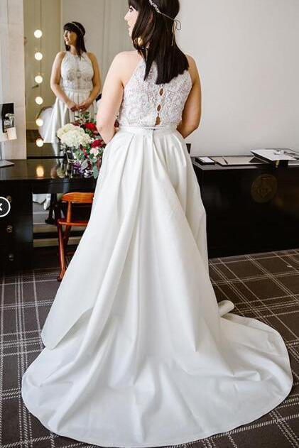 A Line Halter Ivory Satin Sleeveless Wedding Dresses, Long Lace Prom Dresses uk PW431