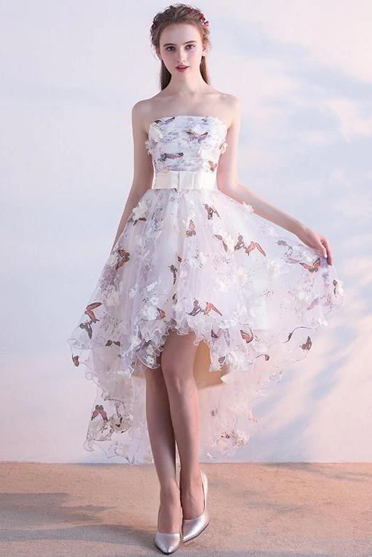 A Line High Low Straps Lace up Tulle Flower Homecoming Dresses Short Prom Dresses