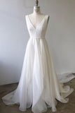 A Line Ivory Chiffon Long Wedding Gowns V Neck Straps V Back Beach Wedding Dresses