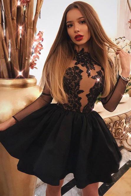 A Line Jewel Long Sleeve Black Above Knee Homecoming Dress with Appliques