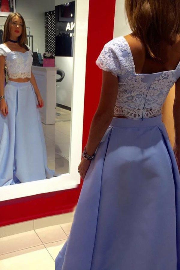 A Line Lace Two Piece Blue Satin Cap Sleeve Prom Dresses with Appliques
