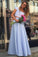 A Line Lace Two Piece Blue Satin Cap Sleeve Prom Dresses with Appliques