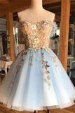 A Line Light Blue Off the Shoulder Above Knee Homecoming Prom Dress with Appliques