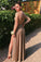 A Line Long Sleeve High Neck Brown Prom Dresses High Slit Floor Length Party Dresses