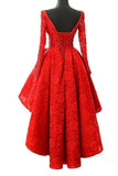 A Line Long Sleeve Red High Low Scoop Lace Homecoming Dresses with Lace Appliques