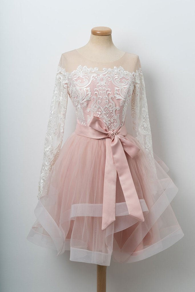 A Line Long Sleeve Scoop Pink Lace Appliques Homecoming Dresses With Tulle Belt
