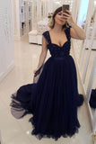 A Line Navy Blue Beaded Military Prom Dresses Tulle Straps Sweetheart Party Dresses