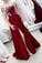 A Line Off the Shoulder Burgundy Satin Split Sweetheart Long Prom Dresses with Lace