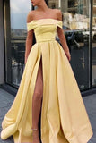 A Line Off the Shoulder Satin High Slit Yellow Prom Dresses, Long Formal Dresses PW417