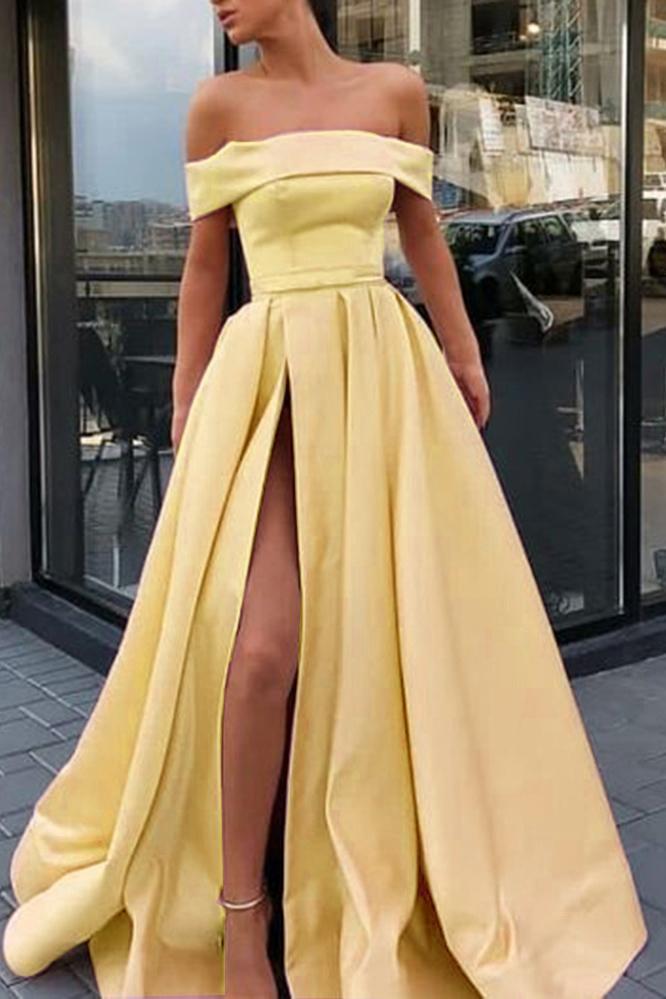 A Line Off the Shoulder Satin High Slit Yellow Prom Dresses Long Formal Dresses