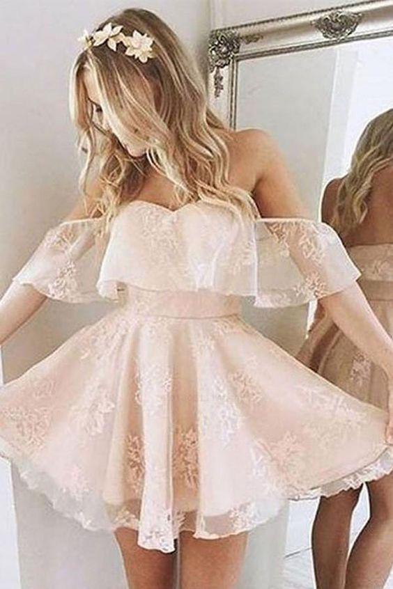 A Line Pink Off the Shoulder Sweetheart Tulle Above Knee Homecoming Dresses with Flowers