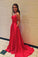A Line Red Spaghetti Straps Open Back Prom Dresses with Slit Pockets