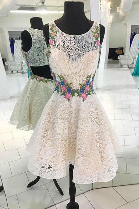 A Line Scoop Lace Sleeveless Open Back Homecoming Dresses Flowers Short Prom Dresses