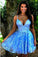A Line Spaghetti Straps Blue Homecoming Dresses with Appliques V Neck Short Prom Dress