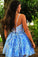 A Line Spaghetti Straps Blue Homecoming Dresses with Appliques V Neck Short Prom Dress