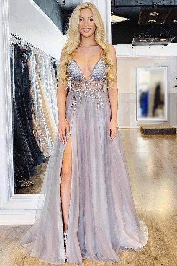 A Line Spaghetti Straps Deep V Neck Beads Tulle Prom Dresses with High Split, Party Dress PW979