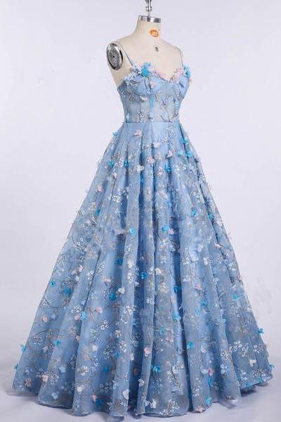 A Line Spaghetti Straps Sweetheart 3D Flower Applique Sky Blue Prom Dresses