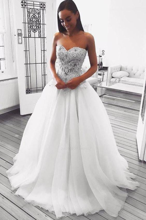 A Line Sweetheart Strapless Tulle Ivory Wedding Dresses with Beads Wedding Gowns