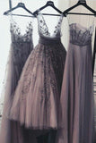 A Line Tulle Lace Appliques Purple V Neck Prom Dresses Cheap Evening Dresses