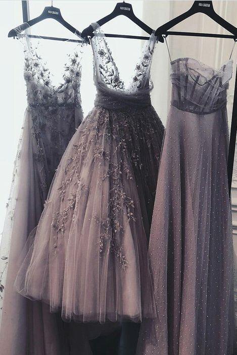 A Line Tulle Lace Appliques Purple V Neck Prom Dresses, Cheap Evening Dresses PW975