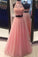 A Line Two Pieces Halter Long Pink Tulle Backless Prom Dress with Beading Lace