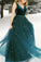 A Line V-Neck Backless Green Prom Dress With Appliques Beading Evening Gown