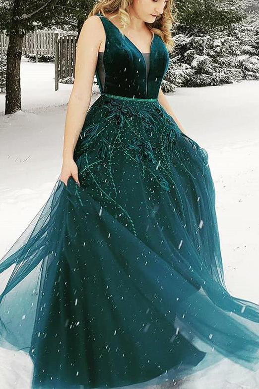 A Line V-Neck Backless Green Prom Dress With Appliques Beading Evening Gown PW458