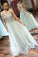 A Line V-Neck Tulle Backless Prom Dress with Sequins Appliques Long Evening Dresses